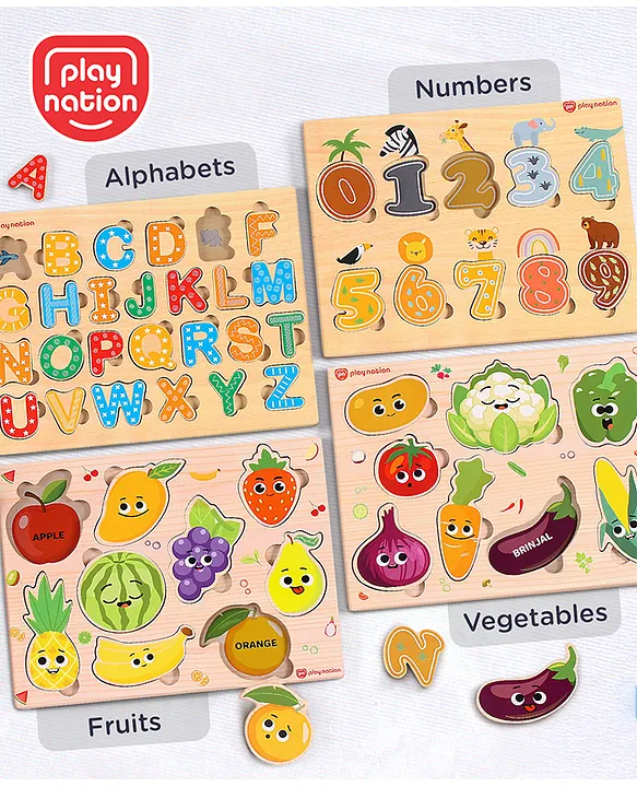 Wooden Educational Puzzles Set of 4 | Alphabets, Numbers, Fruits & Vegetables