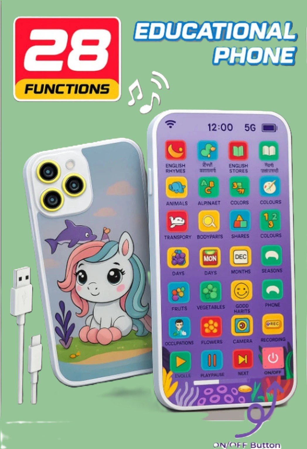 Educational Phone Toy for Kids 24 Modes Talking Baby Smart Phone Mobile Toy Pink (Pink)