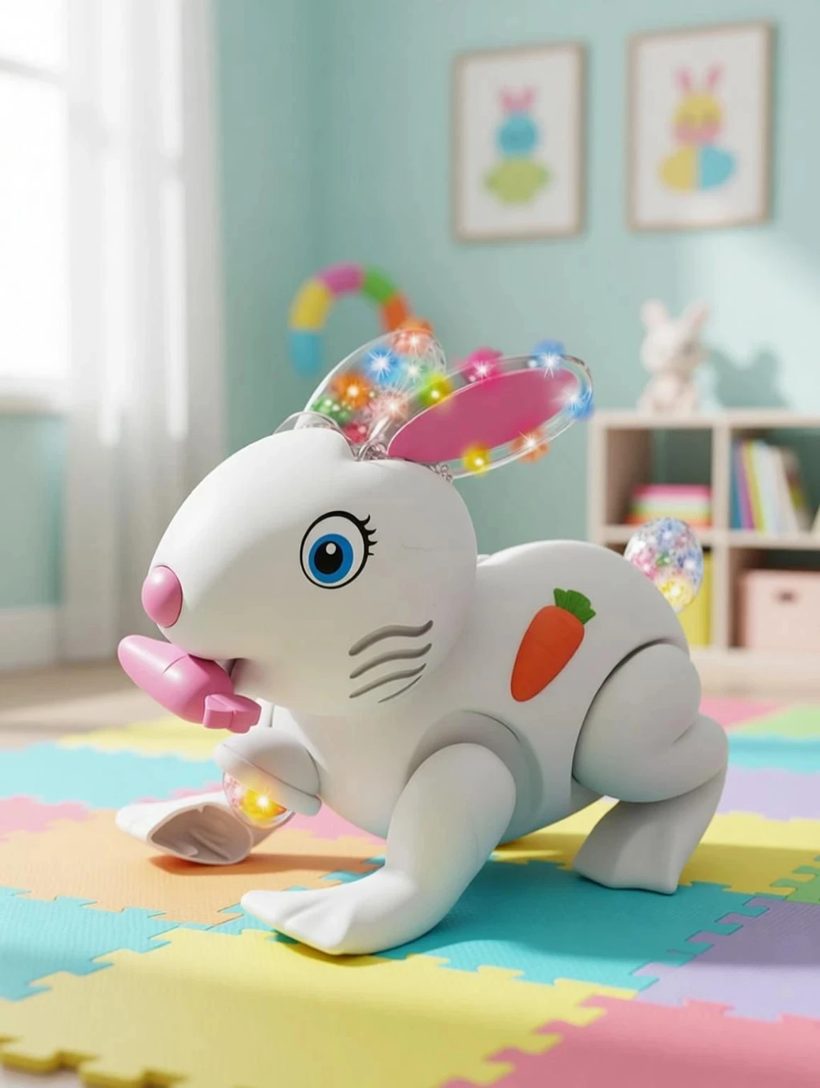 Carrot Rabbit Bud Jumping Walking Electronic Bunny with Lights & Sounds (White)