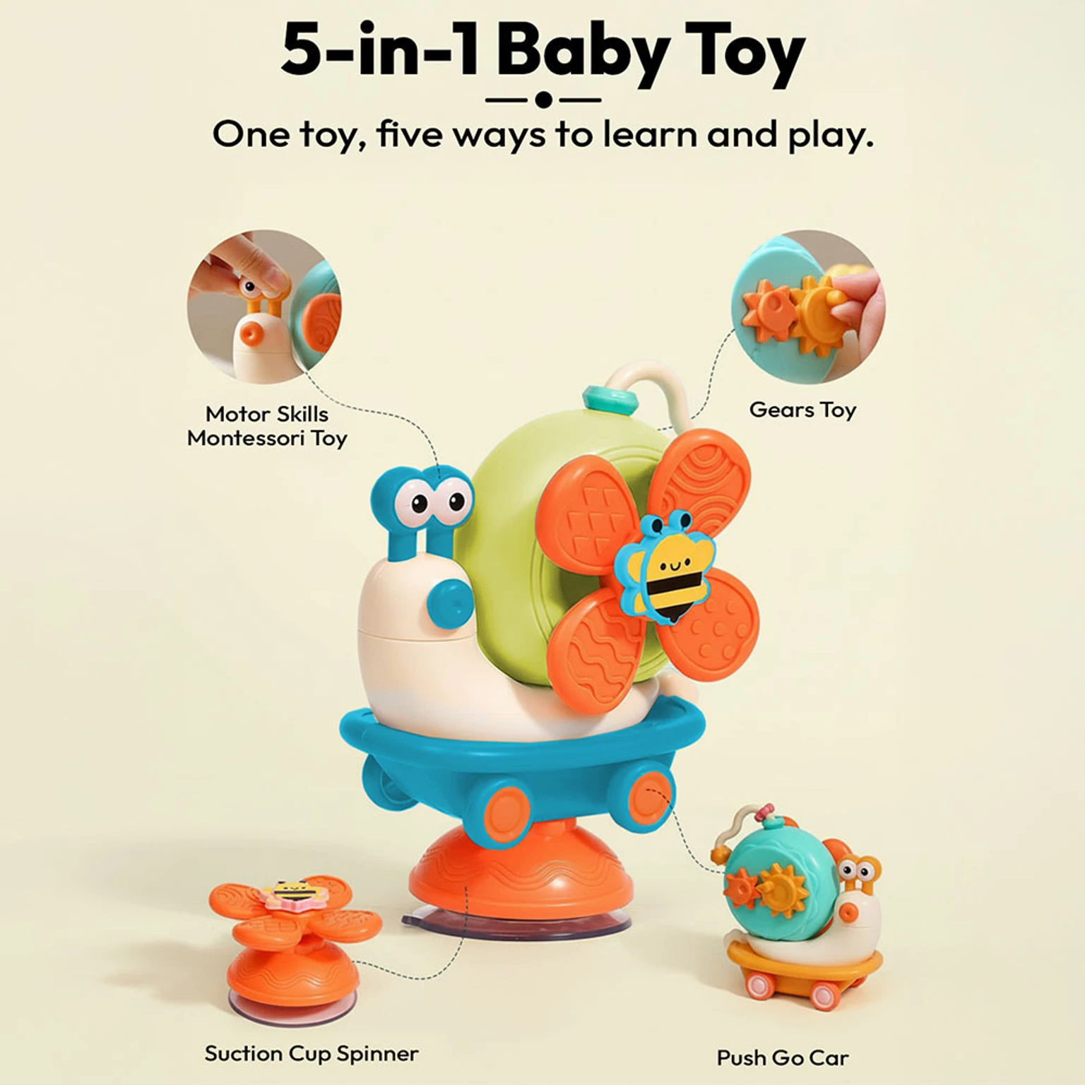 Toy for Baby 5-in-1 Suction Spinner, Rattle, Friction Car Toy Rattle (Orange)