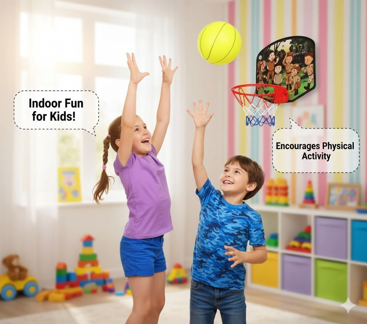 Kids Basketball Set with Hoop Net Ball – Indoor Outdoor Sports To (Red, Yellow)