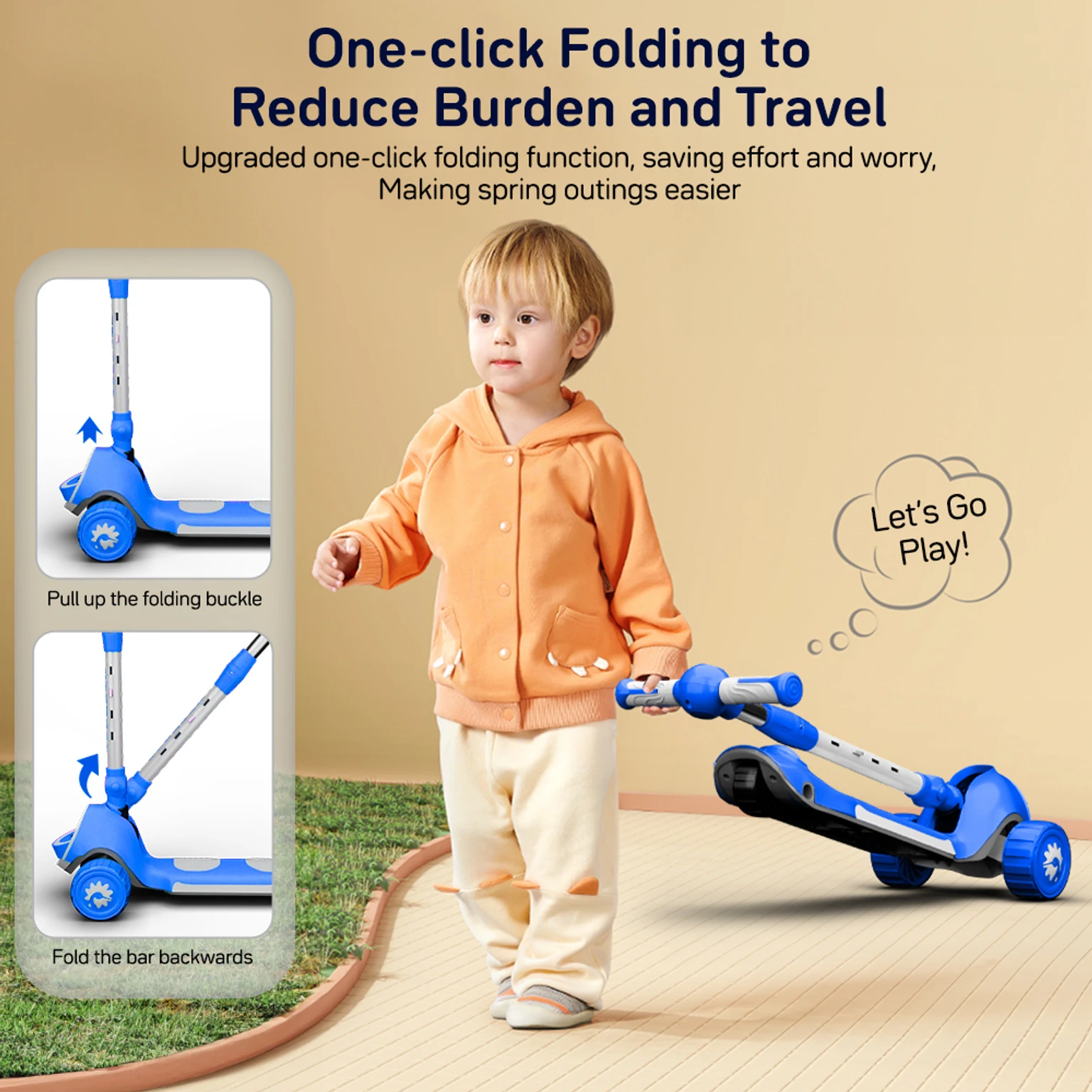 Kick-On with 3 PU Wheels LED Light, 4 Adjustable Height Kids Scooter (Blue, White)