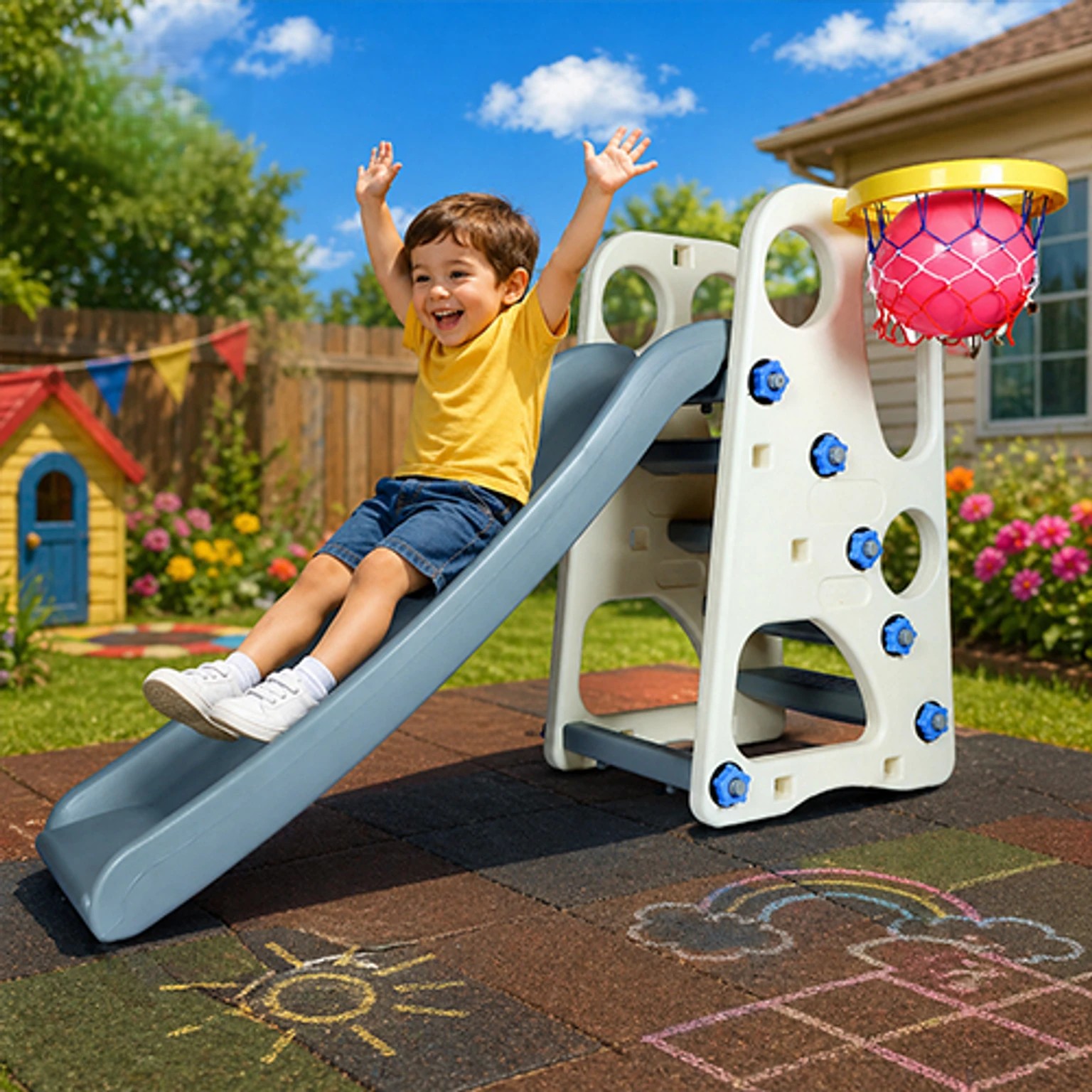 Kids Multi-Activity Slide with Basketball Hoop for Playtime Fun (Grey)