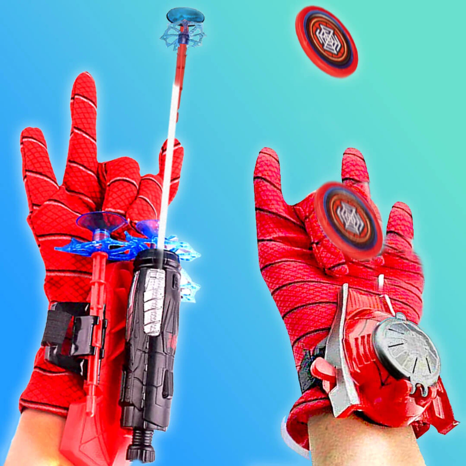 Spiderman web & disc shooter real gadget toy for kids with gloves & rope combo Darts & Plastic Bullets (Red)